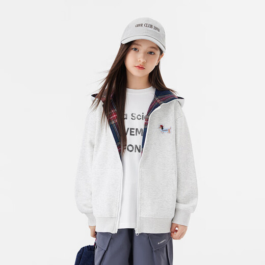 Zuoxi Girls Sweater Jacket 2025 New Children's Dog Plaid Splicing Hoodie Plus Velvet Top Light Hemp Gray 160