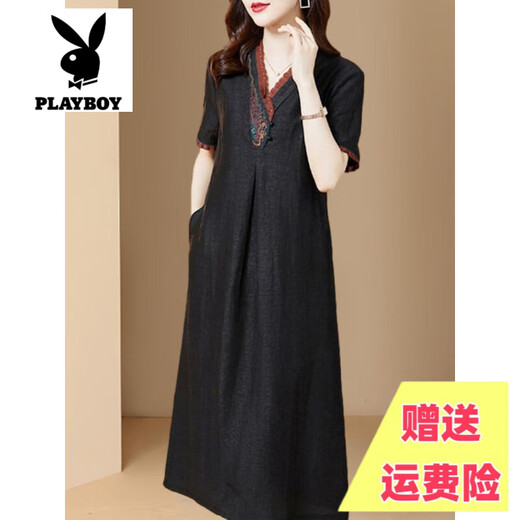 
Playboy brand high-end acetate dress mulberry silk women's summer new style Hangzhou summer wedding dress black [counter style/high-end] XL