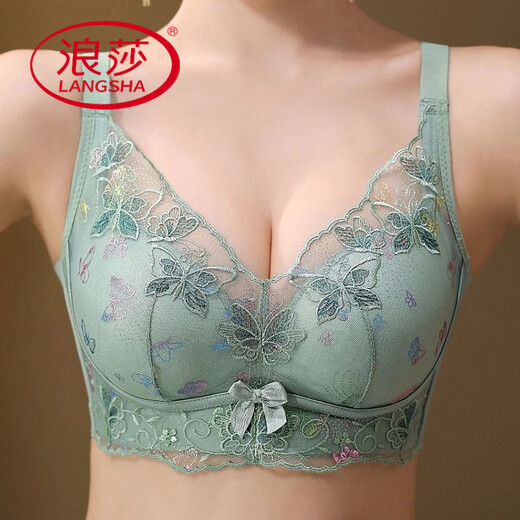LangSha embroidered lace underwear for women with small breasts gathered to make them look big without steel rings and breasts anti-sagging adjustment bra set Dreamy green [set] 85A 38B cup [medium thickness about 2.5]
