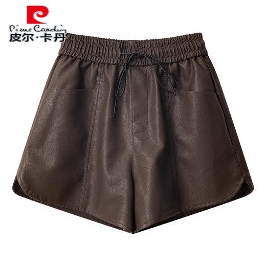 Pierre Cardin PU Leather Shorts Women's Autumn and Winter 2025 New Fashion Outerwear Loose Slim Drawstring High Waist A-Line Casual Boot Pants Brown L