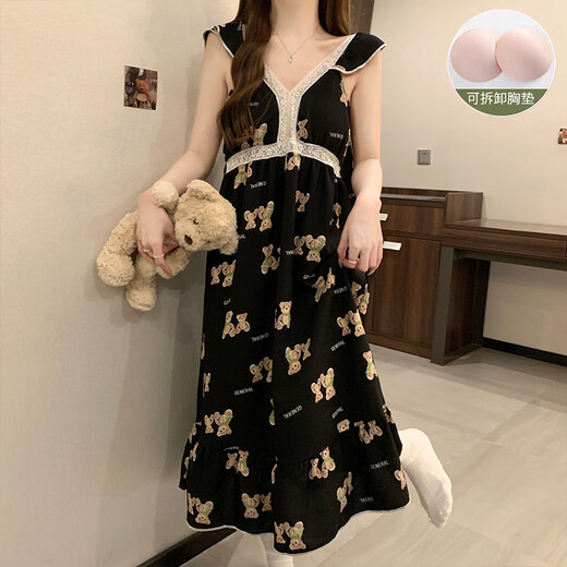 
Modal pajamas with breast pad for women in summer 2025 new nightgown pure cotton princess suspender lace sexy midi skirt YZQ_9906# suspender skirt rabbit (with breast pad) L