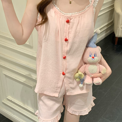 梦鸾吊带背心睡衣女夏季带胸垫2025新款蕾丝花边公主风甜美家居服套装 9226FE 爱心纽扣 粉色 XL