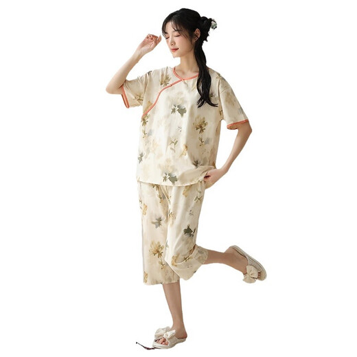 Langsha Nouveau pyjamas chinois pour femmes en été imitation d'été Coton Sleeves 2025 Style chinois pliant des vêtements inférieurs décontractés 9902 M