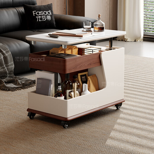 Fashati government subsidizes the living room side table movable sofa side table Italian minimalist side cabinet small trolley tea table storage rack BJ3023 [white + walnut color] movable cart side table