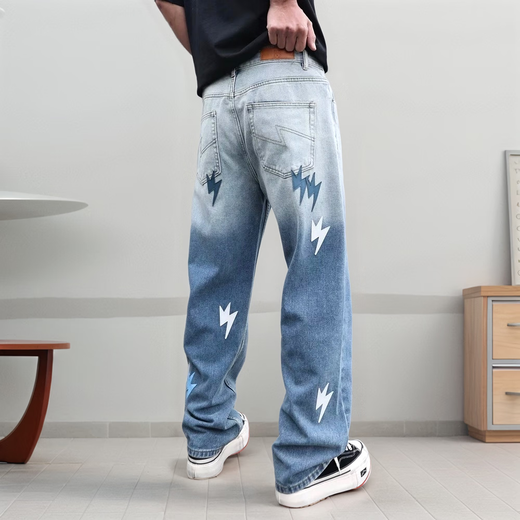 Patch Lightning Men's 2025 Marca de celebridades de Internet Retro American Retro europeo y americano a la moda suelta los pantalones de pierna ancha azules y blancos 1315-6 XL recomendado 145-165Jin [Jin iguala 0.5 kg]