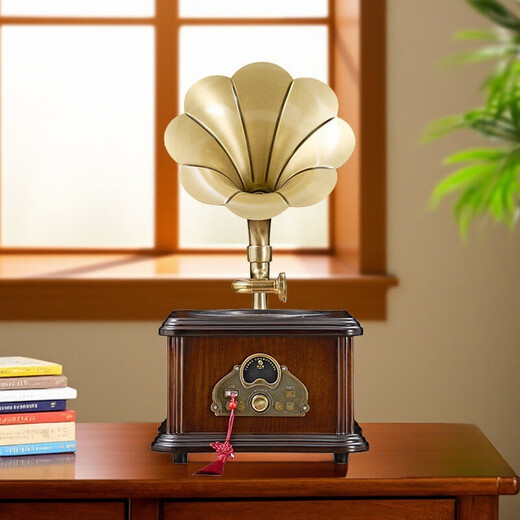 Canna retro mini CD gramophone European bluetooth hifi speaker old antique home CD player living room ornaments simulated vinyl record player D99 birthday gift D99MAX version walnut color + Chinese culture charger and plug-in dual-purpose (10 CD discs)