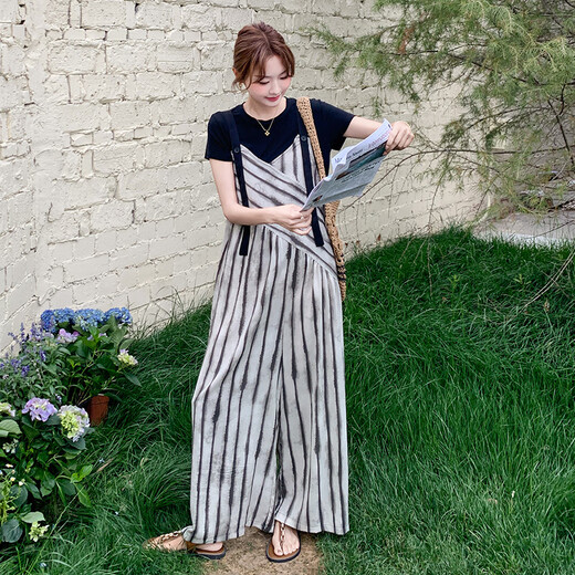 La Chapelle Korean kurzärmelige T-Shirt Streifte lässige Overalls für Frauen zweiteiliger Anzug 2025 Sommer Lose schlampige Weitbein-Hose schwarze T-Shirt-Overalls S (105jin [Jin gleich 0,5 kg])