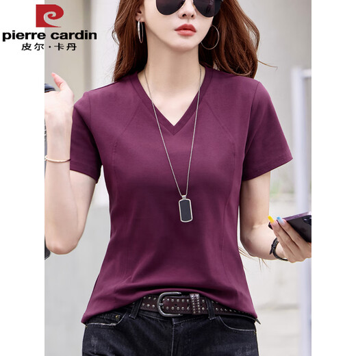 Pier Cardin v-neck pure cotton T-shirt for women's short-sleeved design, shoulder pleated base shirt, new summer style slim and fashionable half-sleeved top 6626 blurred red (fish bone style) XL Recommended 115-125Jin [Jin equals 0.5 kg]