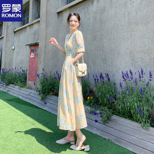 
ROMON (ROMON) 2025 summer new chiffon floral dress with female temperament goddess style skirt with high waist waist slim long skirt color M Suggestions [100-115Jin [Jin equals 0.5 kg]]