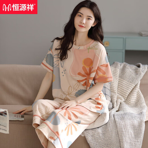 恒源祥睡衣女款夏季纯棉短袖七分裤全棉圆点可外穿女士家居服妈妈居家 9854 【纯棉】 M 建议80-100斤穿
