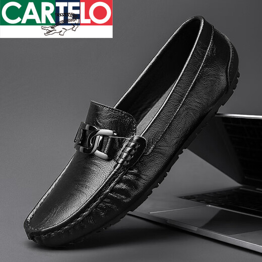 CARTELO leather bean shoes for men 2025 new Korean version of versatile trendy casual lazy people pedal soft sole breathable leather shoes 9901 black [hollow] 38 men's high-end casual shoes