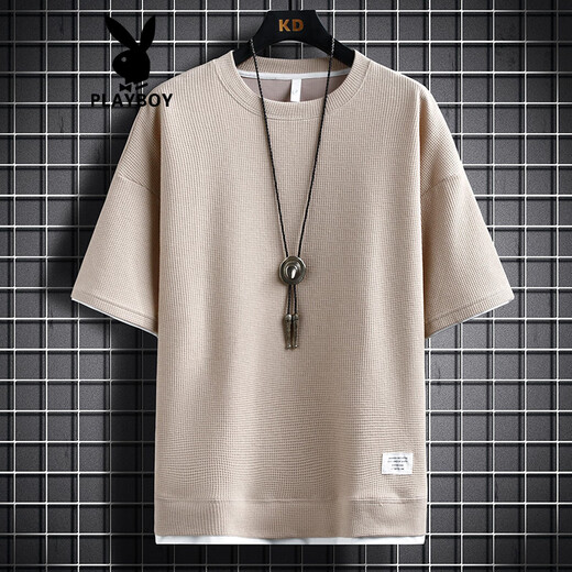 Playboy (Playboy) Herren-T-Shirt Kurzschlärmer Sommer Neues Stil FAKE TECHWAHL RUND HALKLOSE LOSSE HALFELETE T-SHIRT T-SHIRT WAFFLE CLASSIGE TOP 3880 GRÜN XL