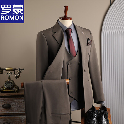 Luo Meng Men's Suit Korean Style Formal Brown Casual Business Groom Wedding Groomsmen Suit Wedding Suit Men's Brown (Suit+Vest+Trousers)) M 48 (100-112Jin Jin is equal to 0.5 kg)