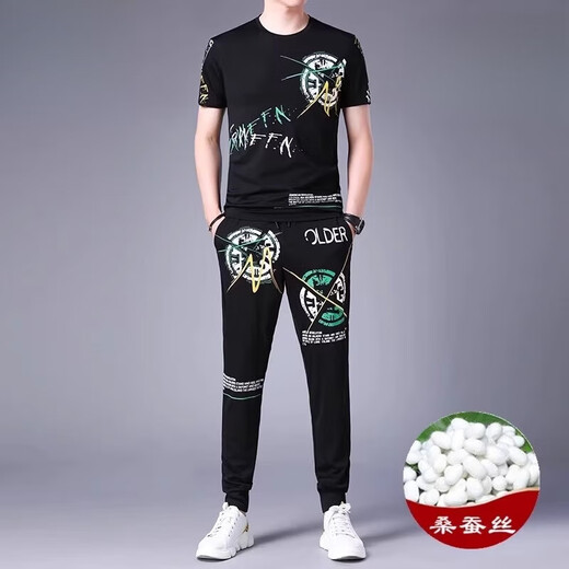JEEP SPIRIT casual suit men's summer short-sleeved mulberry silkworm ice silk handsome match with Korean style fashion print trend 9227 black XL 175