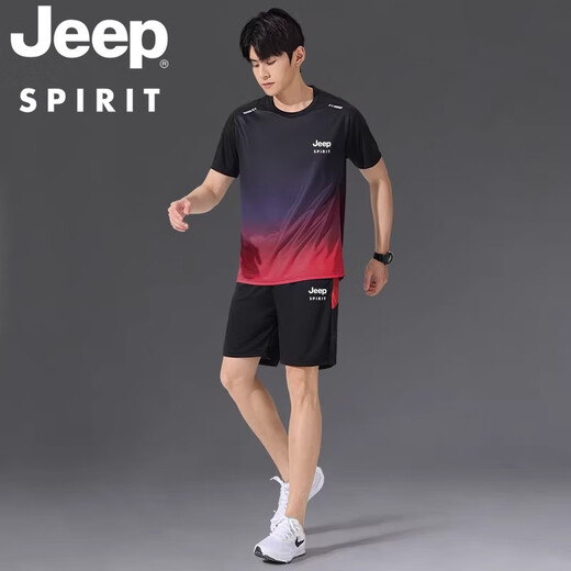 JEEP SPIRIT High-End JEEP Ice Silk Sports Suit Men's Summer Short-Sleeved Running T-Shirt Fitness Clothing Basketball Suit Quick-drying 9901 Black Gray Suit M