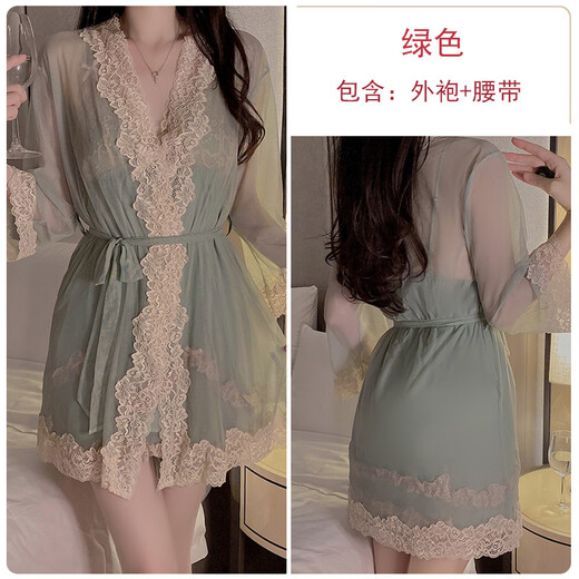 烈海刺绣蕾丝深V加胸垫性感睡裙外袍大码家居套装 P3886绿色(短裤) XXL(140-170斤，有弹力)