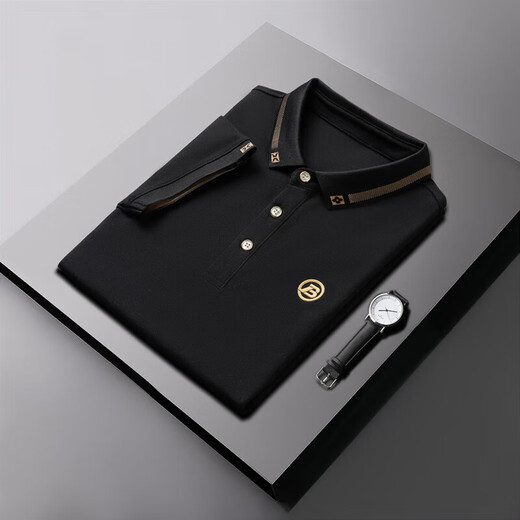 
Hailan special offer summer clothing solid color lapel short-sleeved T-shirt men's trendy versatile casual loose top young man leads half QY683 black 2XL
