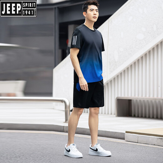 吉普（JEEP）男士跑步速干休闲运动套装男夏季薄款加肥加大码短袖两件羽毛球服  蓝色 9902  L 90-110斤