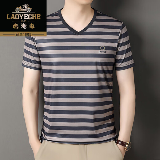 Classic car high-end real ice silk short-sleeved V-neck summer men's T-shirt fashionable stripes anti-wrinkle skin-friendly versatile middle-aged round neck half-sleeved 6197V neck apricot gray M 165 [Suggested 95-115Jin [Jin equals 0.5 kg]]