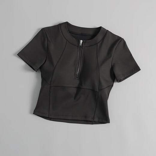 He Jiagong Yoga Wear Women's Top with Removable Breast Pad 2025 New Summer Sports Pilates Half-Zip Short-Sleeved Fitness Clothing Black S S