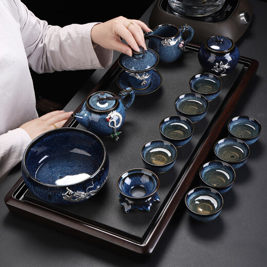 Beautiful and high-quality tea set set with gilt silver obsidian glazed Kungfu tea set complete set of ceramic teapot and tea cup as a gift Lan Fei teapot Jiaolong tea washing Tenglong 15 pieces