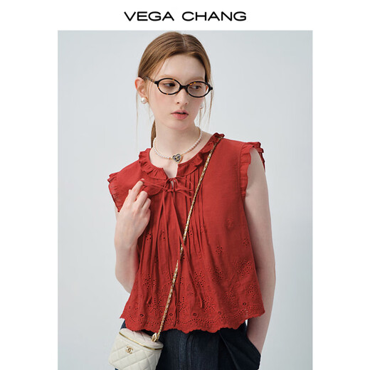 
VEGA CHANG [Single-piece necklace] shirt for women 2025 new summer flying sleeve hollow lace-up sweet sleeveless shirt shell white (shirt) M