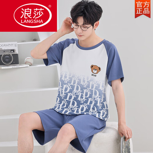 LangSha Summer Pajamas Men's Short-Sleeved Pure Cotton Thin Suit Loose Large Size Junior High School Students High School Students Cotton Home Clothes Q Short 1390 Gradient Bear Men L Standard Edition 90-120 Jin Jin is equal to 0.5 kg