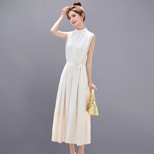 Ehangy Light Luxury Brand 2025 Summer New Dress Women's High-end Temperament Western Style Age-Reducing Simple and Elegant Skirt Beige M