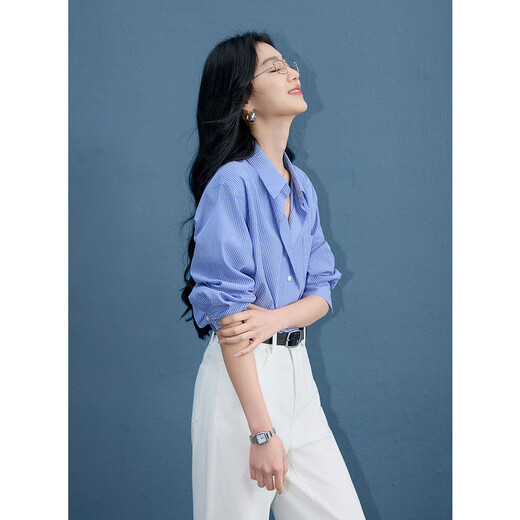 Tres color 2025 Autumn Nuevo camisa rayada camisa de solapa de la solapa suelta Slack Campeer S Clear Sky Blue Stripe S 155/80a