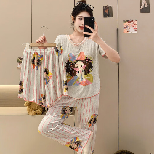 雅鹿2025新款睡衣女夏季莫代尔带胸垫短袖可爱卡通可外穿家居服三件套 RM3519 蝴蝶结女孩 固定胸垫 M