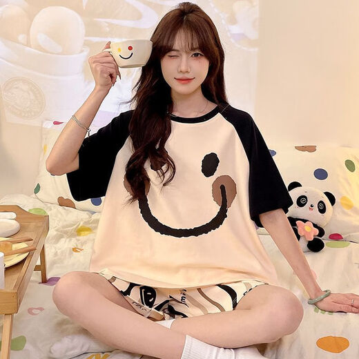 Langsha Pajamas Summer Ladies Suit de grande taille Suit à manches courtes Summer 2025 Nouveaux vêtements décontractés à la maison lâche en deux pièces 693 Black Smiley Face M-Size [80-95Jin [Jin est égal à 0,5 kg]] Taille moyenne