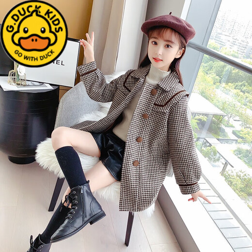 G.Duckkids Girls Woolen Poat осень и зима 2024 г. Новая детская средняя длина хлопка сгущенной корейской версией новой куртки для девочек Houndstooth Matte Cotton 150 (подходит для высоты 140-150 см)