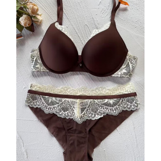 Triumph bra and underwear for women, patchwork lace, small breast push-up underwear set, women's French sexy sexy side breast top-up bra, coffee 75B