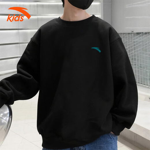 Anta children's fleece sweatshirt for men and women, middle and large children 25 autumn and winter new style youth loose cotton skin-friendly long-sleeved top black early autumn hot sale 160 cm