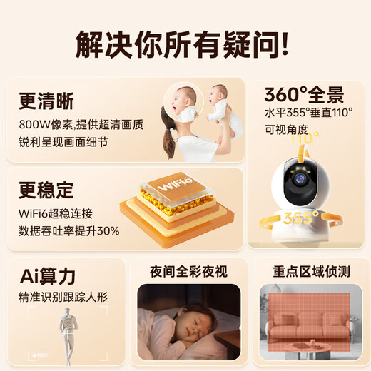 Tongyao Intelligent AI Home Surveillance Camera 800W Ultra HD Remote Conversation Monitoring Mobile WiFi Home Indoor Monitor 360 Degrees No Dead Angle with Night Vision Ultra HD Version + 8 Million + 30 Days Loop Recording + Power Off Battery Life