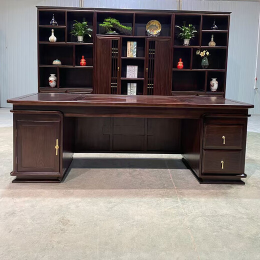 All solid wood desk and bookcase combination rosewood executive desk new Chinese style boss desk and chair office furniture desk black gold 2 meter desk