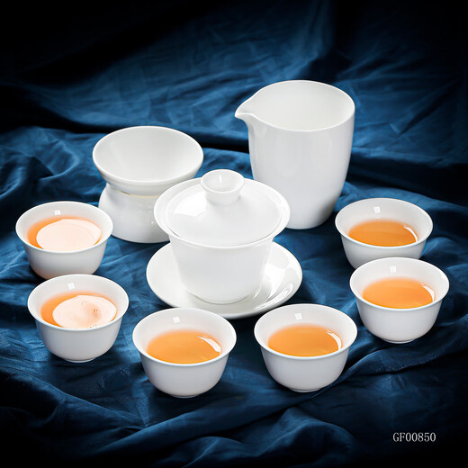Haofeng 2025 new complete set of white porcelain Kung Fu tea set household suet jade porcelain covered bowl teacup as a souvenir gift