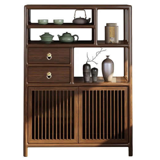 New Chinese style Bogu rack black gold Duobao Pavilion solid wood display cabinet low cabinet tea room side cabinet tea tea cabinet all solid wood tea cabinet 80*35*120 black walnut color