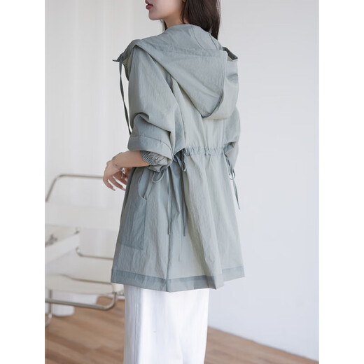 
TOUCH MISS long-sleeved thin coat for women 2025 summer new loose lazy style drawstring waist hooded top for women green L