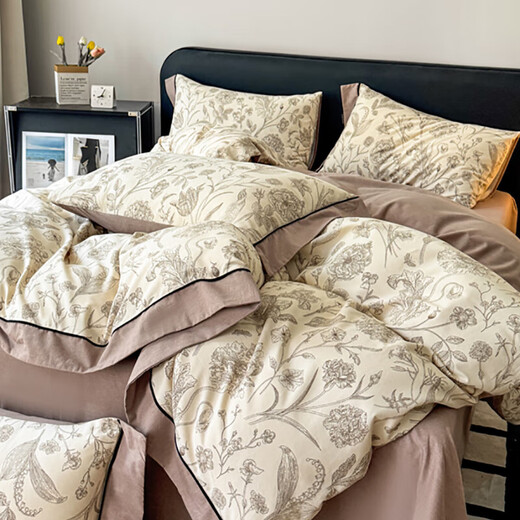 Light luxury 100-count thickened cotton brushed four-piece set pure cotton autumn and winter warm bed sheet quilt cover and fitted sheet three-piece set, rich in love, skin-friendly and soft, 1.8m bed sheet four-piece set