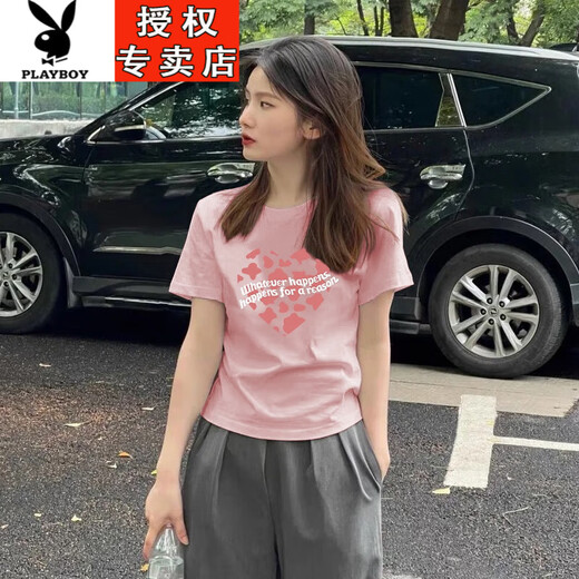 花花公子（PLAYBOY）欧货纯棉女士短袖t恤浅粉色正肩女装夏装2025新款修身上衣体恤 1585粉色常规款(粉紫印花) S