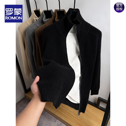 ROMON double zipper turtleneck cardigan men's sweater autumn and winter thick sweater jacket men's solid color thick sweater men's black XL 175