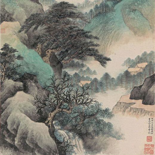 Shuwutang Wu Hufan landscape painting hanging painting celebrity ink green mountain scenery picture guest restaurant entrance tea room study room decoration calligraphy and painting cloud table Qizheng-Wu Hufan-vertical version-silver white overall size Width 50 cm Height 100 cm (comes with hook)