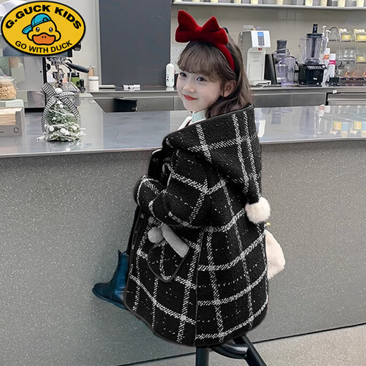 G.DUCKKIDS Koreanische Version 2025 neue Mädchen Winterkleidung verdickter Samt Wollsamtmantel mittellanger karierter Mantel im koreanischen Stil schwarz 170 cm