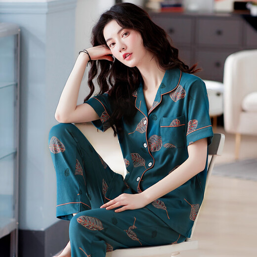 浪莎（LangSha）2025年新款睡衣女士夏季短袖长裤妈妈大码家居服夏天薄款可外穿 Q9923 XL [建议120-140斤]