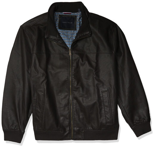 Tommy Hilfiger Men's Faux Leather Bomber Casual Jacket Ribbed Knit Collar Dark Brown 2X