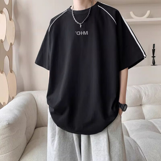 7 high-quality American striped sports T-shirts men's summer trendy brands high street handsome short-sleeved teen loose casual half-sleeved top CQS-1504 gray M