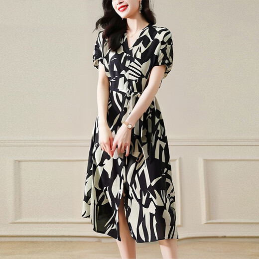 OLJ High-End-Marke Seidenkleid für Frauen im Sommer 2025 Neues französisches hüftgepacktes Retro-Temperament Mulberry Seidenrock Schwarz und Weiß M Empfohlen Gewicht 90-115 Jin [Jin entspricht 0,5 kg]