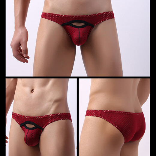 Half double thong men's low-waisted sexy hip-lifting underwear, breathable cotton comfortable U-convex free-to-take-off back empty T-pants gay 0 339 red M men's size M