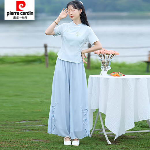 皮尔卡丹（pierre cardin）2025新款复古中式立领汉服棉麻大码显瘦衬衫盘扣上衣+阔腿裤两件 897白色上衣 M 85-95